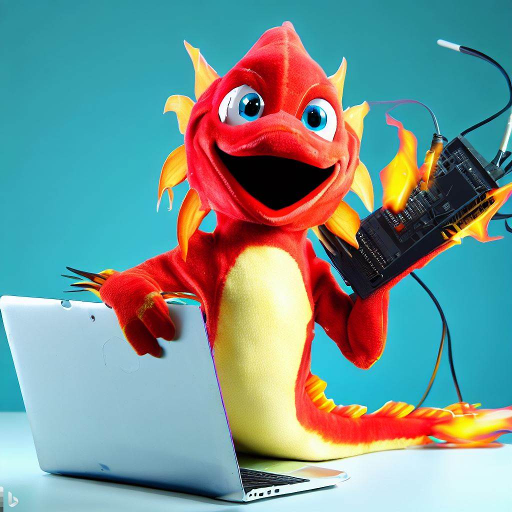 A firefish with a laptop and phone