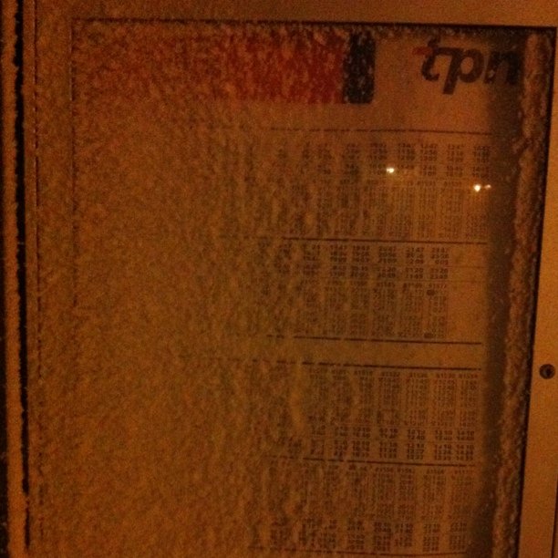 The bus schedule, snowy morning.
