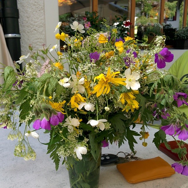 During the hike a girl picked a bouquet for herself.