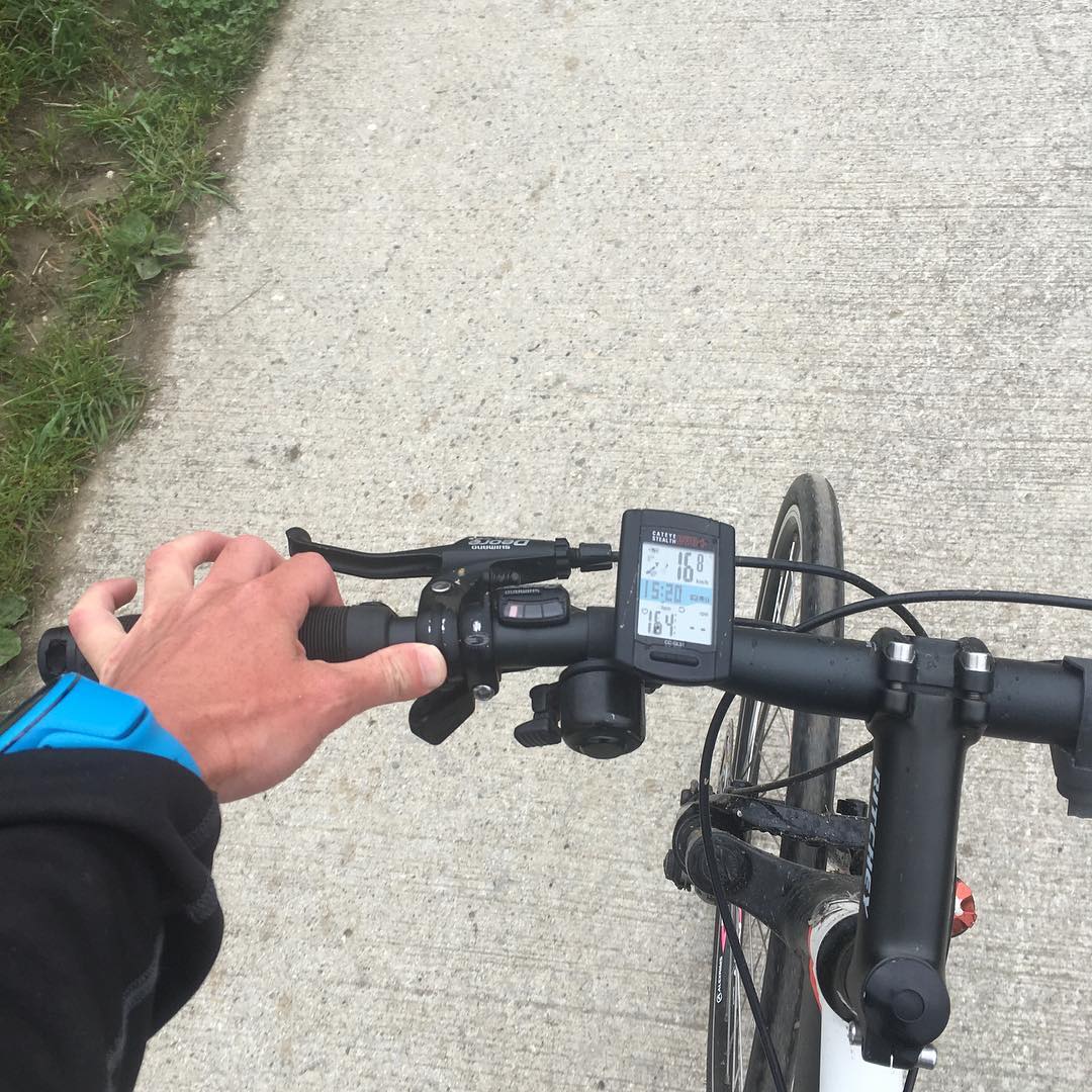 Tracked by Suunto, cateye, Fitbit and an iPhone with various apps. I'm over quantified. ;-) notice thin tires on a mountain bike.